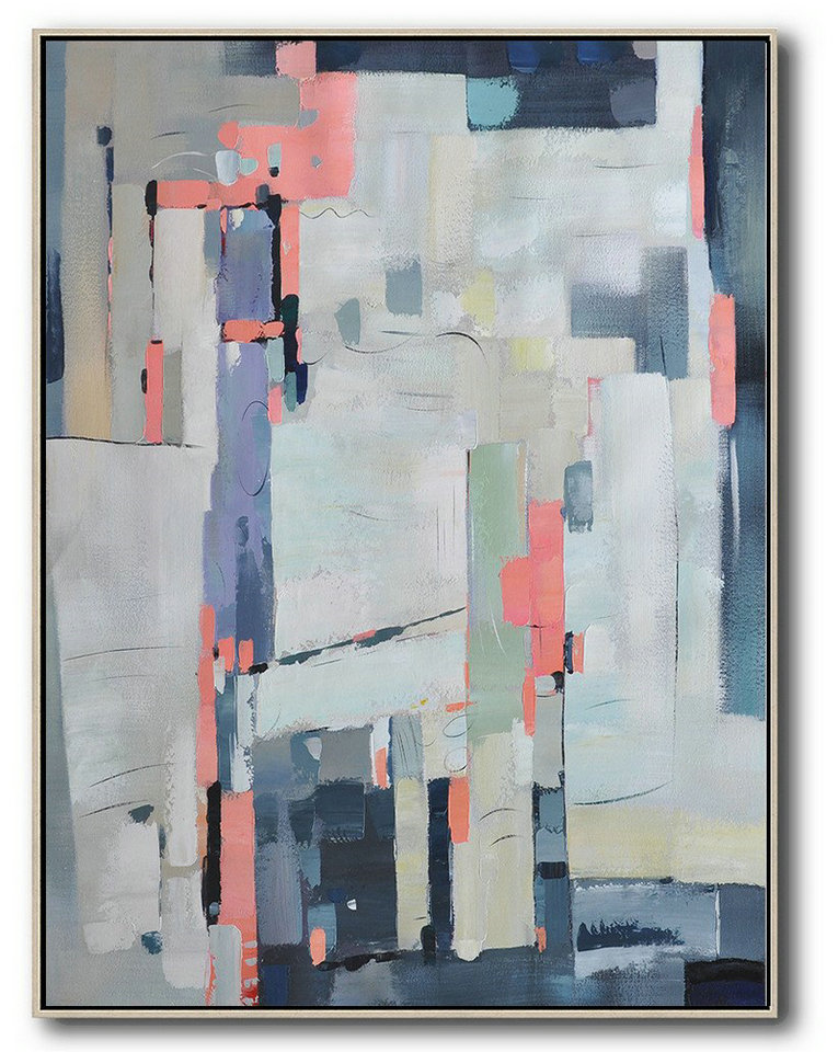 Large Modern Abstract Painting,Vertical Palette Knife Contemporary Art,Living Room Wall Art,Grey,Pink,White,Purple Gray.etc